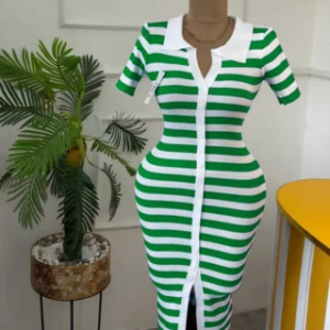 Striped Bodycon Knit Polo Dress – Fresh Emerald Green